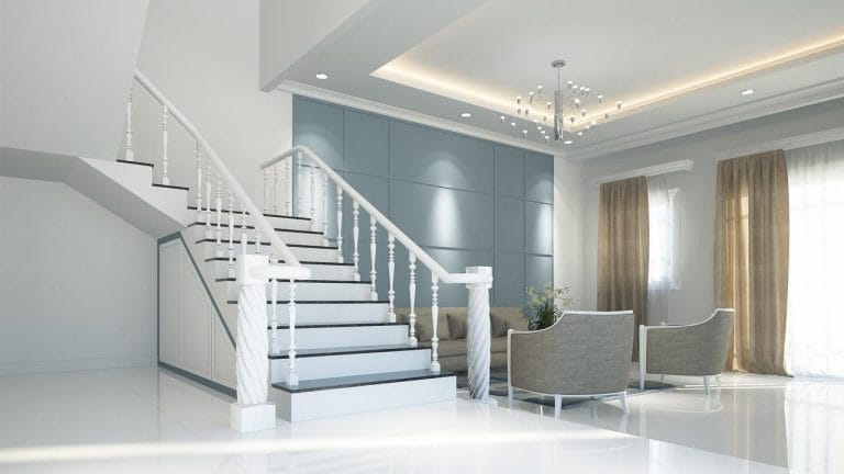 Moderne traprenovatie met houten treden en LED-verlichting in woonkamer